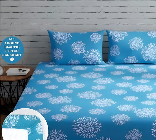 SKY BLUE DAMASS Premium King Size Fitted Elastic Bedsheet With Two Pillow Covers (72X78X Upto 10 Inches) & 360 Degree Elasticated