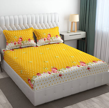 YELLOW DOT Premium  Fitted Floral Bedsheet with 2 Pillow Covers (72X78X Upto 10 Inches) & 360 Degree Elasticated