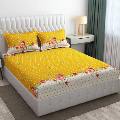 YELLOW DOT Premium  Fitted Floral Bedsheet with 2 Pillow Covers (72X78X Upto 10 Inches) & 360 Degree Elasticated