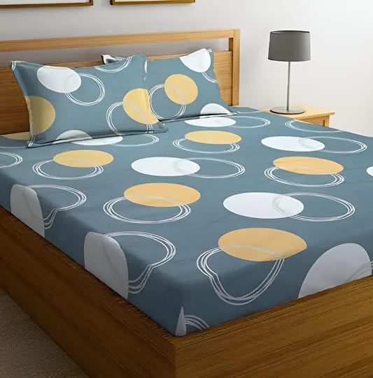 GREY CIRCLE Cotton Elastic Fitted Double Bedsheets with 2 Pillow Covers (72X78X Upto 10 Inches) & 360 Degree Elasticated