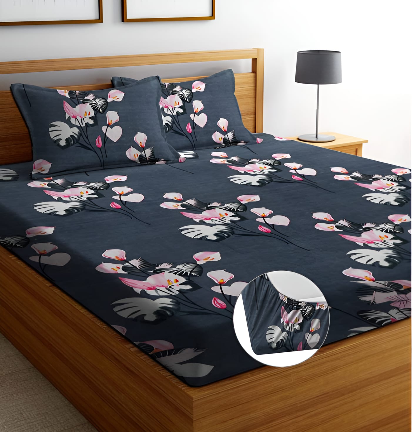 GREY KALI Premium  Fitted Elastic Bedsheet With Two Pillow Covers  (72X78X Upto 10 Inches) & 360 Degree Elasticated | BS