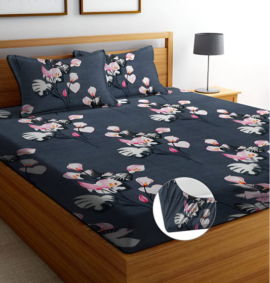 GREY KALI Premium  Fitted Elastic Bedsheet With Two Pillow Covers  (72X78X Upto 10 Inches) & 360 Degree Elasticated | BS