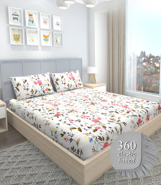 Creamish base Premium  Fitted Elastic Bedsheet With Two Pillow Covers (72X78X Upto 10 Inches) & 360 Degree Elasticated