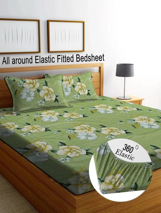 PEACHES Premium  Fitted Elastic Bedsheet With Two Pillow Covers  (72X78X Upto 10 Inches) & 360 Degree Elasticated
