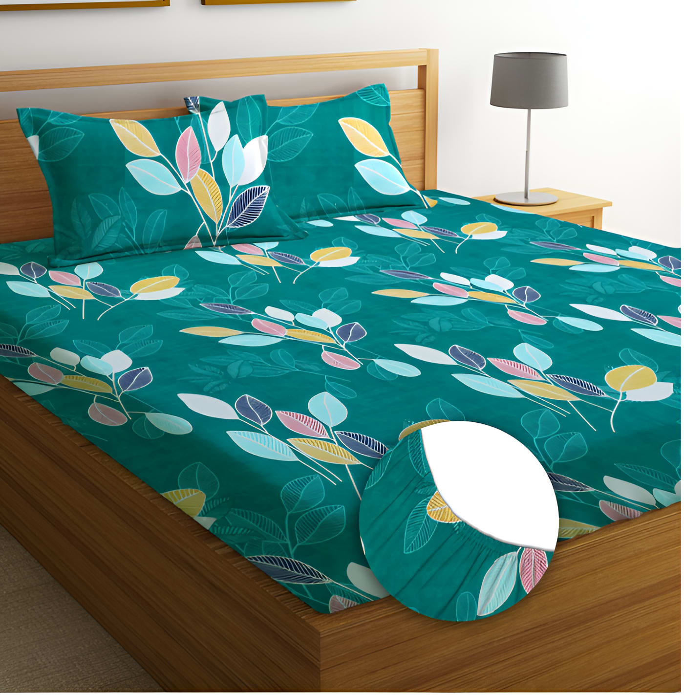 GREEN BASE 220 TC  Fitted Elastic Bedsheet With Two Pillow Covers (72X78X Upto 10 Inches) & 360 Degree Elasticated
