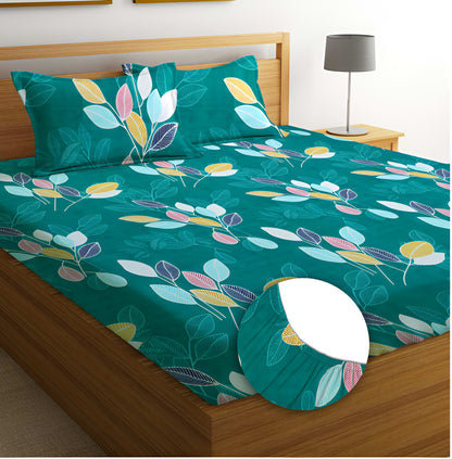 GREEN BASE 220 TC  Fitted Elastic Bedsheet With Two Pillow Covers (72X78X Upto 10 Inches) & 360 Degree Elasticated