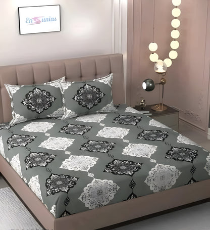 GREY STAMP 220 TC Double Bedsheet With 2 Pillow Covers  (72X78X Upto 10 Inches) & 360 Degree Elasticated | BS