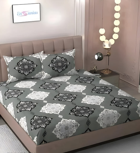 GREY STAMP 220 TC Double Bedsheet With 2 Pillow Covers  (72X78X Upto 10 Inches) & 360 Degree Elasticated | BS
