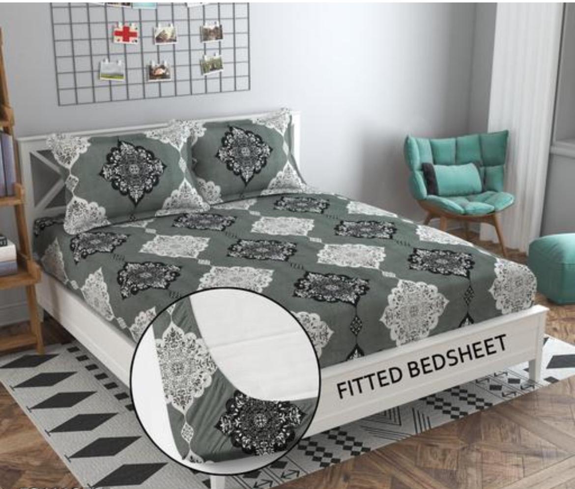 GREY STAMP Premium King Size Fitted Floral Bedsheet with 2 Pillow Covers (72X78X Up to 10 Inches) & 360 Degree Elasticated