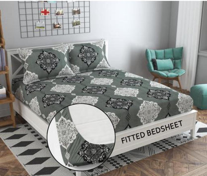GREY STAMP Premium King Size Fitted Floral Bedsheet with 2 Pillow Covers (72X78X Up to 10 Inches) & 360 Degree Elasticated