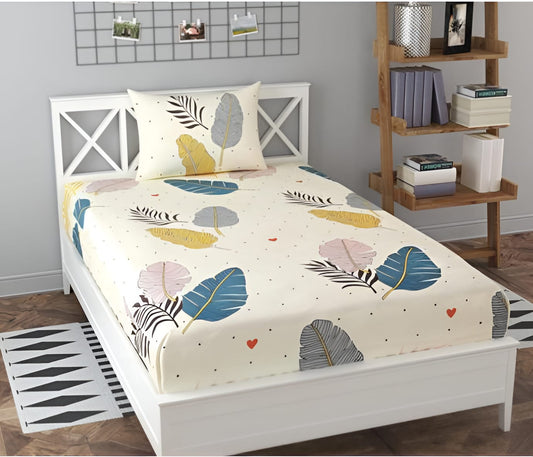 220 TC White Feather Design Single Bed Fitted Bedsheet Having Size 36X72 (Fits Upto 8 Inches Of Mattress)
