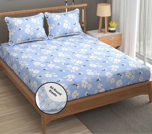 SKY SUNFLOWER 220 TC  Fitted Elastic Bedsheet With Two Pillow Covers  (72X78X Upto 10 Inches) & 360 Degree Elasticated