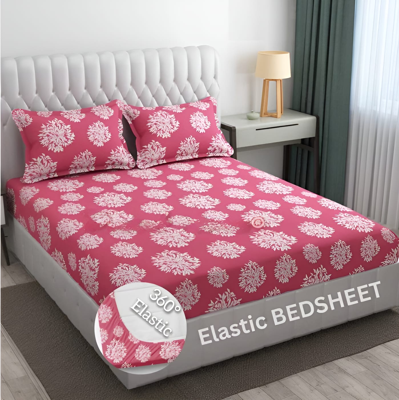 PINK JAIPURI Premium  Fitted Elastic Bedsheet With Two Pillow Covers  (72X78X Upto 10 Inches) & 360 Degree Elasticated