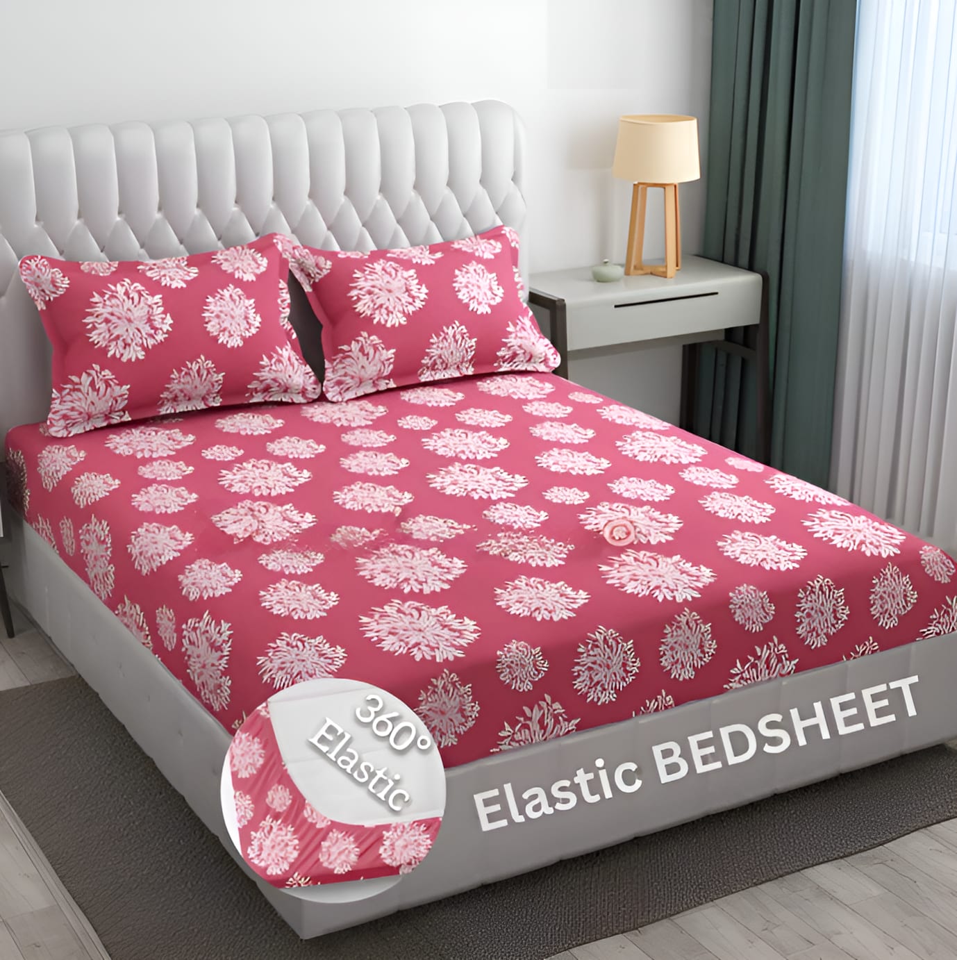 PINK JAIPURI Premium  Fitted Elastic Bedsheet With Two Pillow Covers  (72X78X Upto 10 Inches) & 360 Degree Elasticated