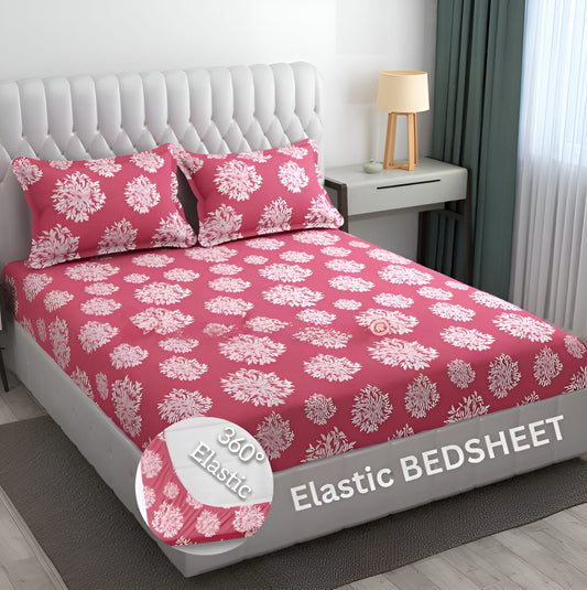 PINK JAIPURI Premium  Fitted Elastic Bedsheet With Two Pillow Covers  (72X78X Upto 10 Inches) & 360 Degree Elasticated