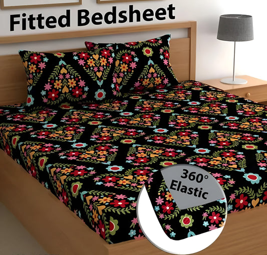 DECOR HEART220 TC Fitted Bedsheet with 2 Pillow Covers (72X78X Upto 10 Inches) & 360 Degree Elasticated