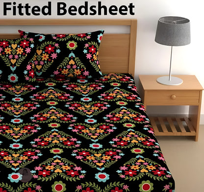 DECOR HEART220 TC Fitted Bedsheet with 2 Pillow Covers (72X78X Upto 10 Inches) & 360 Degree Elasticated