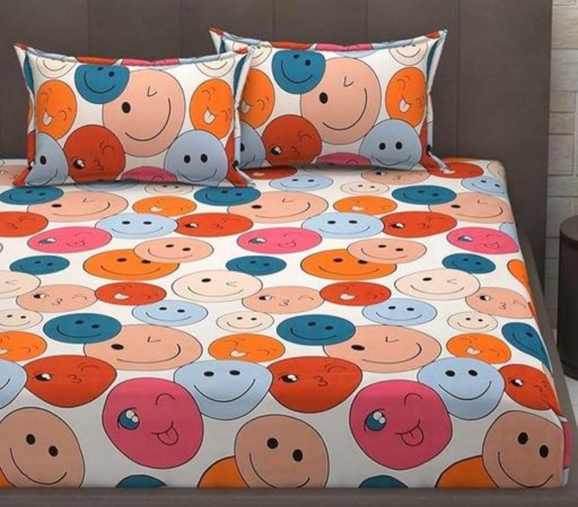 SMILEY 220 TC  Fitted Elastic Bedsheet With Two Pillow Covers  (72X78X Upto 10 Inches) & 360 Degree Elasticated