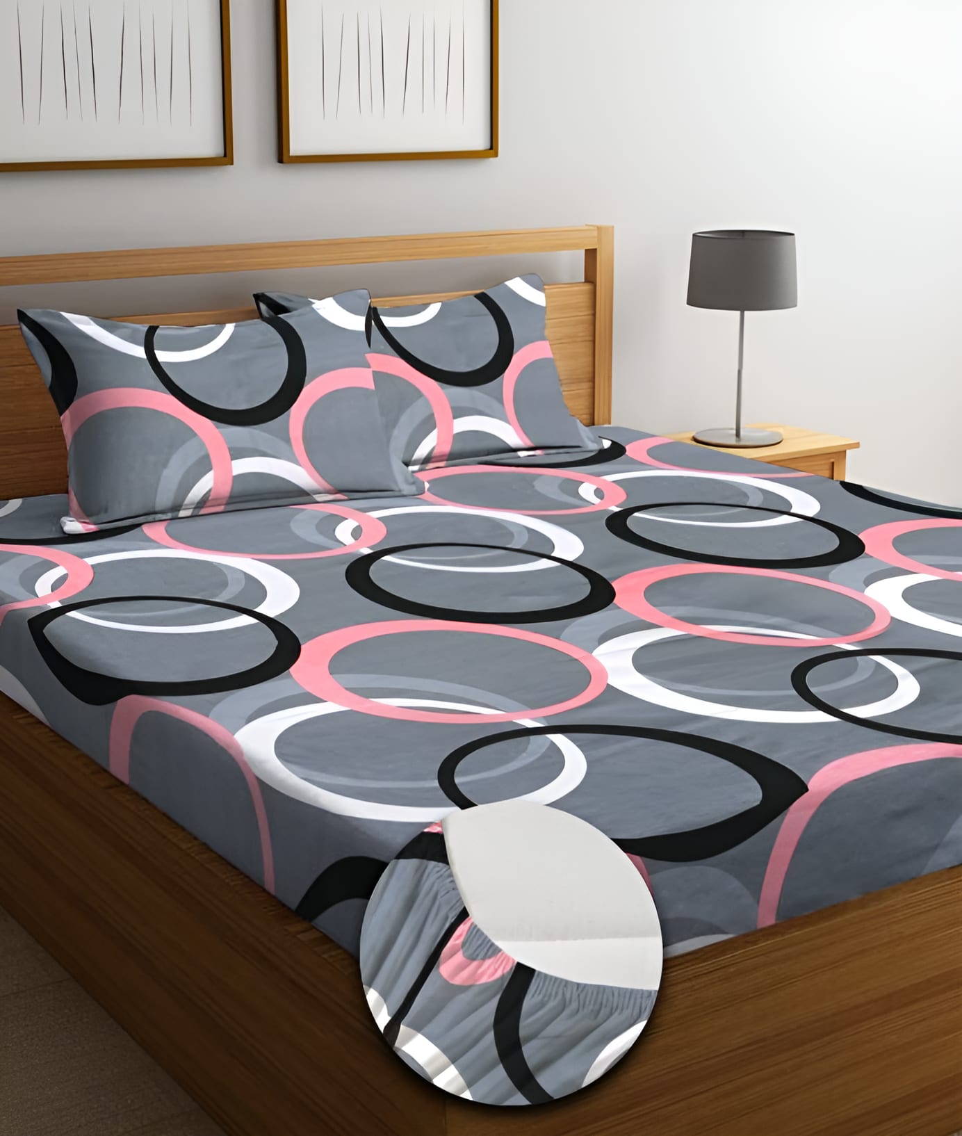 Grey round 220 TC  Fitted Floral Bedsheet Multicolor with 2 Pillow Covers (72X78X Upto 10 Inches) & 360 Degree Elasticated
