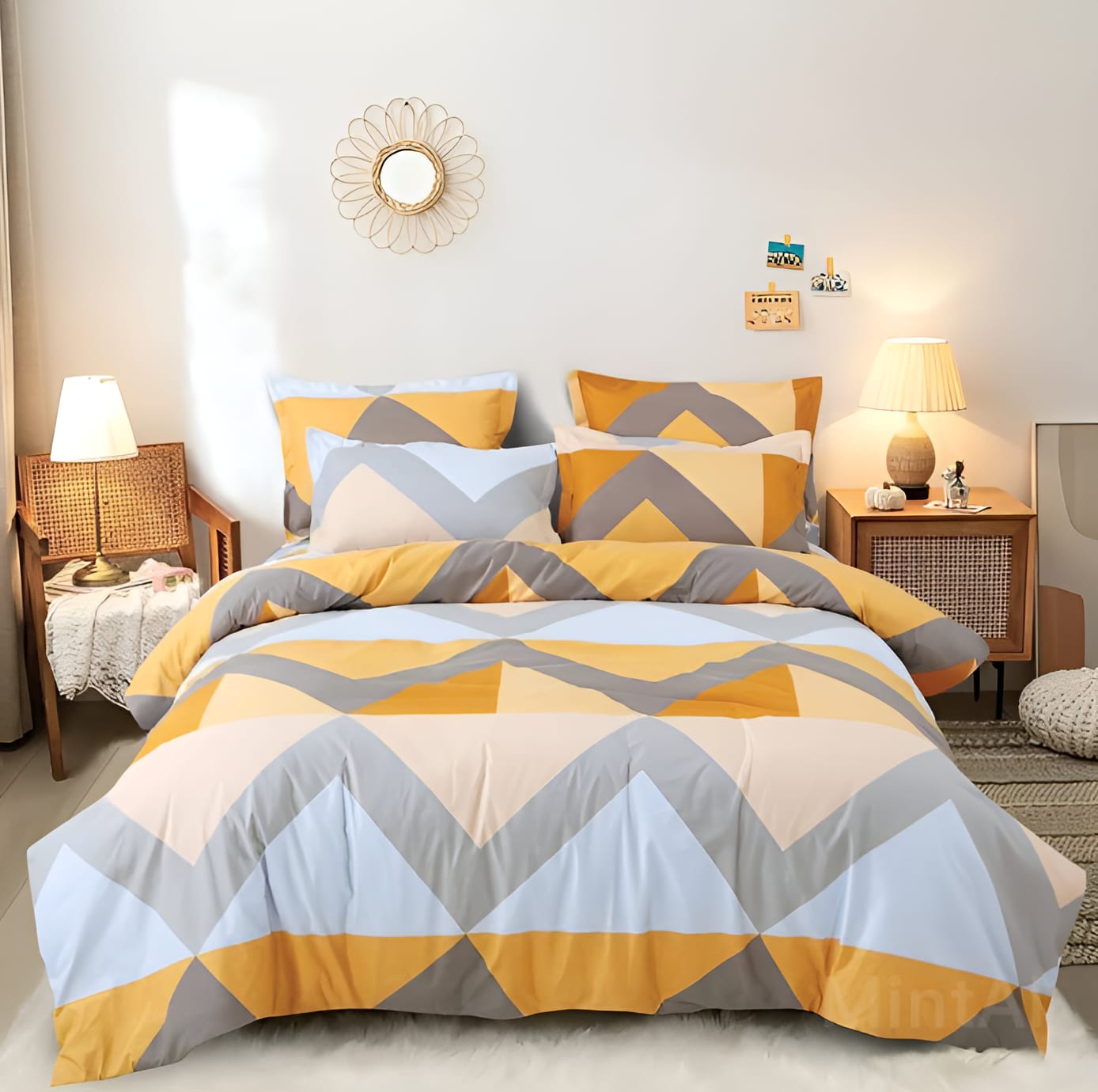 Orange and Grey Zigzag 220 TC  Fitted Elastic Bedsheet With Two Pillow Covers  (72X78X Upto 10 Inches) & 360 Degree Elasticated