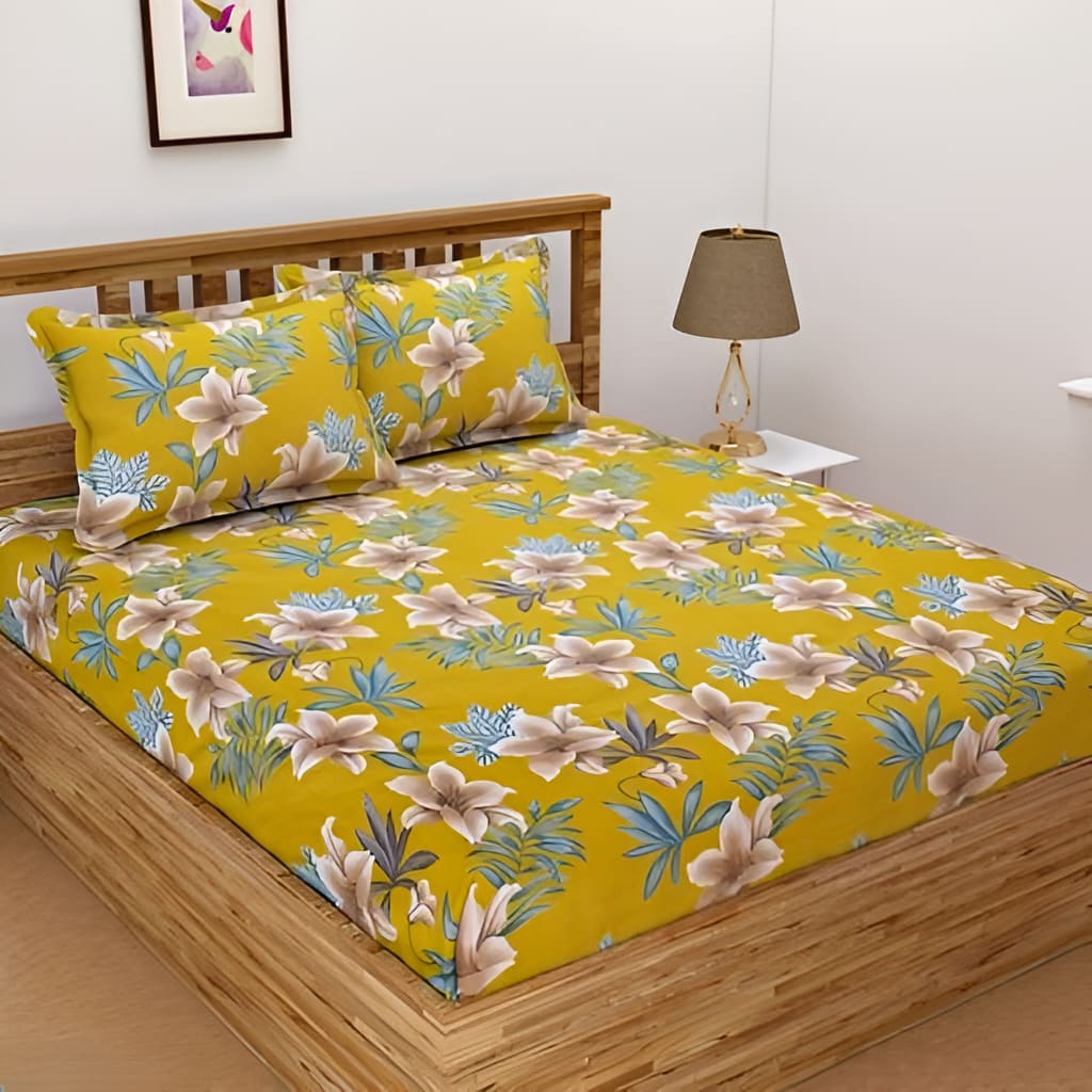 GOLDEN FLOWER Premium Double Bed Fitted Floral Bedsheet (72X78X Upto 10 Inches) & 360 Degree Elasticated