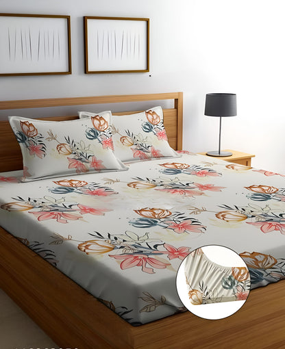WHITE BOUQUET 220 TC  Fitted Floral Bedsheet with 2 Pillow Covers (72X78X Upto 10 Inches) & 360 Degree Elasticated