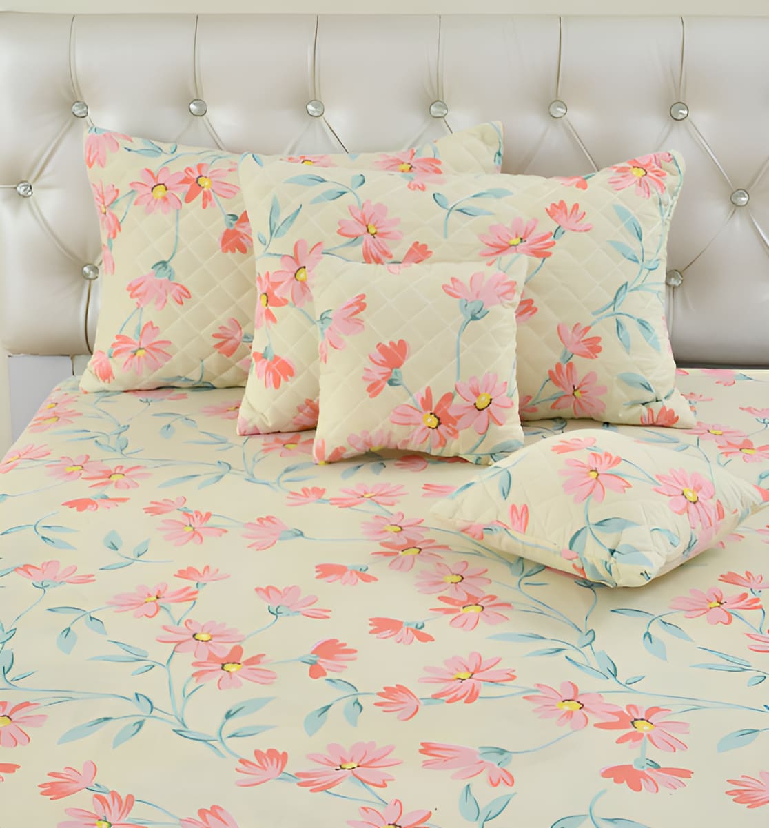 Premium 5-Piece Cotton Bedding Set: Includes 1 Flat Bedsheet, 2 Quilted Zipped Pillow Covers, 2 Quilted Cushion Covers, and 2 Cushion Fillers