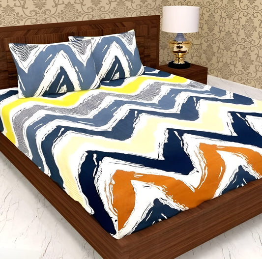 MULTI ZIGZAGS Premium  Fitted Elastic Bedsheet With Two Pillow Covers (72X78X Upto 10 Inches) & 360 Degree Elasticated
