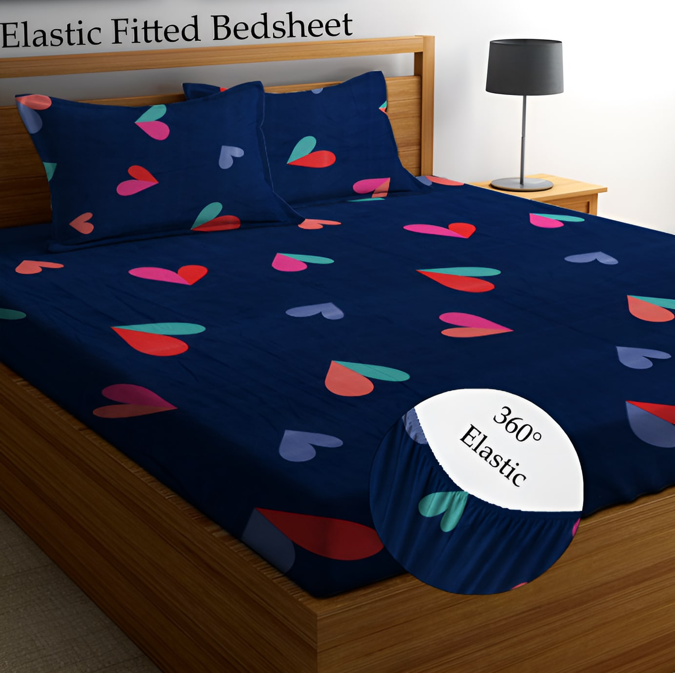 Blue base 220 TC Fitted Bedsheet with 2 Pillow Covers (72X78X Upto 10 Inches) & 360 Degree Elasticated