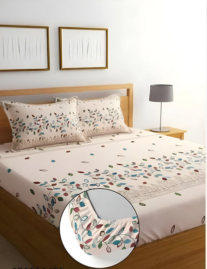 CREAM 220 TC  Fitted Elastic Bedsheet With Two Pillow Covers  (72X78X Upto 10 Inches) & 360 Degree Elasticated