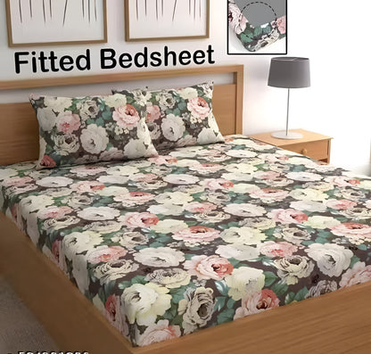 FLORAL Premium King Size Fitted Elastic Bedsheet With Two Pillow Covers  (72X78X Upto 10 Inches) & 360 Degree Elasticated