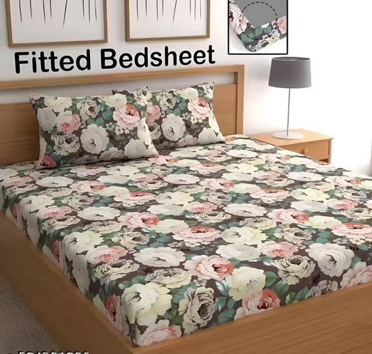 FLORAL Premium King Size Fitted Elastic Bedsheet With Two Pillow Covers  (72X78X Upto 10 Inches) & 360 Degree Elasticated