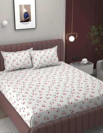 RED CHERRY Elastic Fitted Bedsheets with 2 Pillow Covers (72X78X Upto 10 Inches) & 360 Degree Elasticated