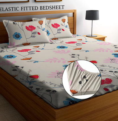 CREAM FLOWER Premium Fitted Bedsheet with 2 Pillow Covers (72X78X Upto 10 Inches) & 360 Degree Elasticated