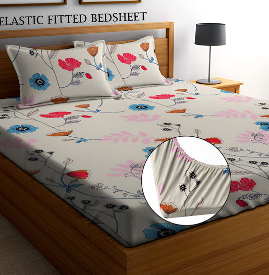 CREAM FLOWER Premium Fitted Bedsheet with 2 Pillow Covers (72X78X Upto 10 Inches) & 360 Degree Elasticated