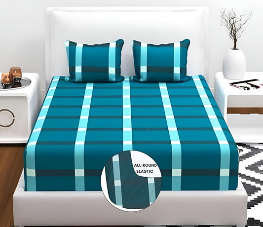 BLUE AND BLACK CHECK Premium King Size Fitted Elastic Bedsheet With Two Pillow Covers (72X78X Upto 10 Inches) & 360 Degree Elasticated