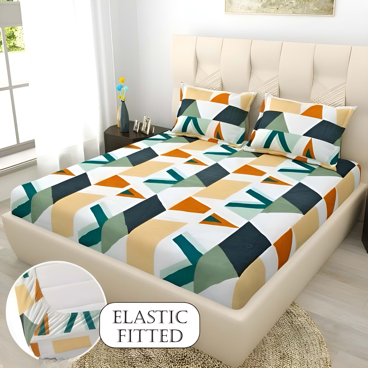 Geometric Print Premium  Fitted Elastic Bedsheet With Two Pillow Covers  (72X78X Upto 10 Inches) & 360 Degree Elasticated