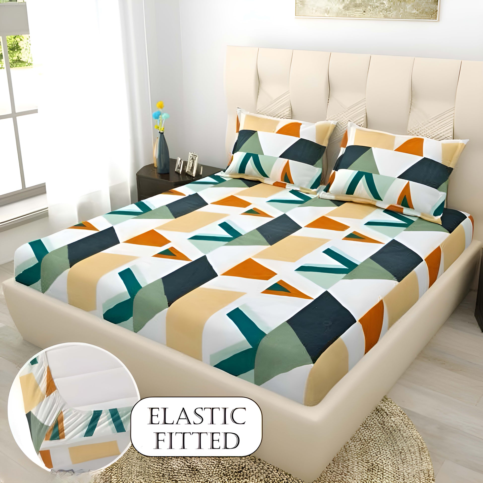 Geometric Print Premium  Fitted Elastic Bedsheet With Two Pillow Covers  (72X78X Upto 10 Inches) & 360 Degree Elasticated