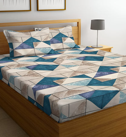 Geomtric design 220 TC Cotton All Round Elastic Fitted Bedsheet with  2 Pillow Covers  (72X78X Upto 10 Inches) & 360 Degree Elasticated