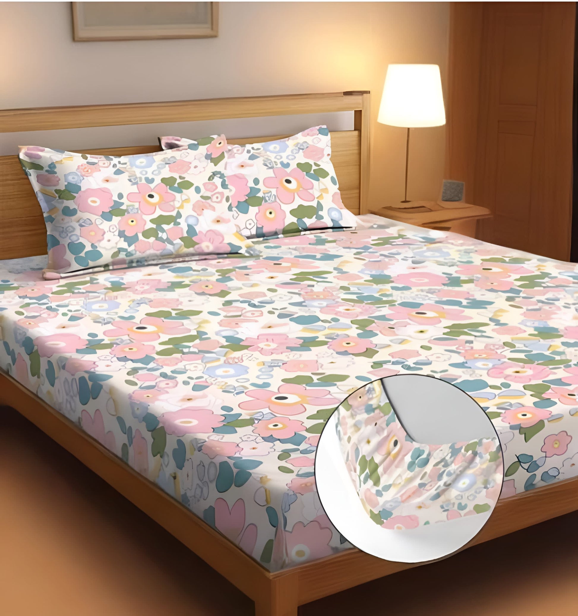 CHHAVI INDIA DESIGN Premium Fitted Bedsheet with 2 Pillow Covers (72X78X Upto 10 Inches) & 360 Degree Elasticated