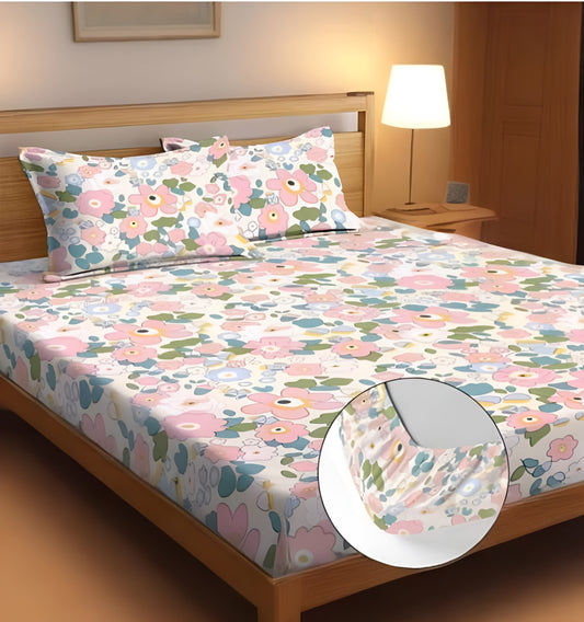 CHHAVI INDIA DESIGN Premium Fitted Bedsheet with 2 Pillow Covers (72X78X Upto 10 Inches) & 360 Degree Elasticated