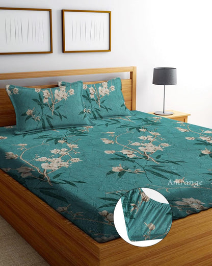 CASA 220 TC  Fitted Elastic Bedsheet With Two Pillow Covers (72X78X Upto 10 Inches) & 360 Degree Elasticated