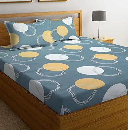 GREY CIRCLE Cotton Elastic Fitted Double Bedsheets with 2 Pillow Covers (72X78X Upto 10 Inches) & 360 Degree Elasticated