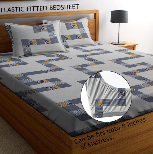 White and Grey 220 TC Fitted Bedsheet with 2 Pillow Covers (72X78X Upto 10 Inches) & 360 Degree Elasticated