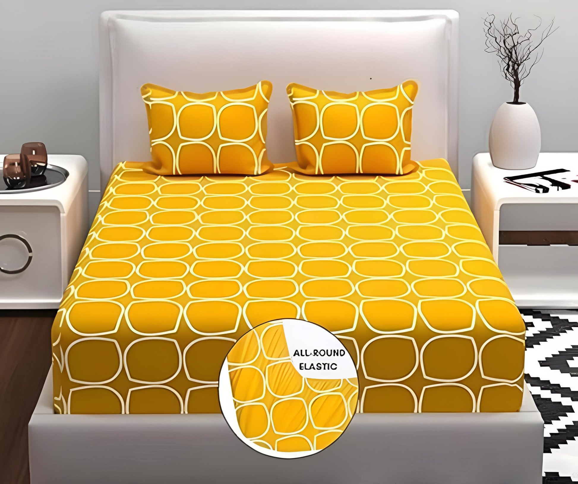 YELLOW AUDI Premium King Size Fitted Elastic Bedsheet With Two Pillow Covers  (72X78X Upto 10 Inches) & 360 Degree Elasticated