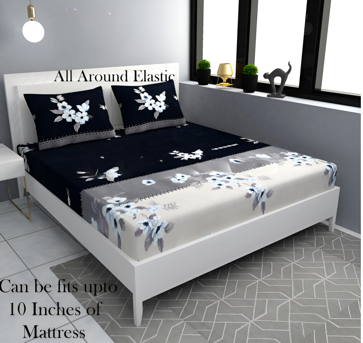 BLACK AND GREY 220 TC  Fitted Elastic Bedsheet With Two Pillow Covers (72X78X Upto 10 Inches) & 360 Degree Elasticated