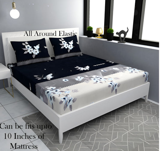 BLACK AND GREY 220 TC  Fitted Elastic Bedsheet With Two Pillow Covers (72X78X Upto 10 Inches) & 360 Degree Elasticated