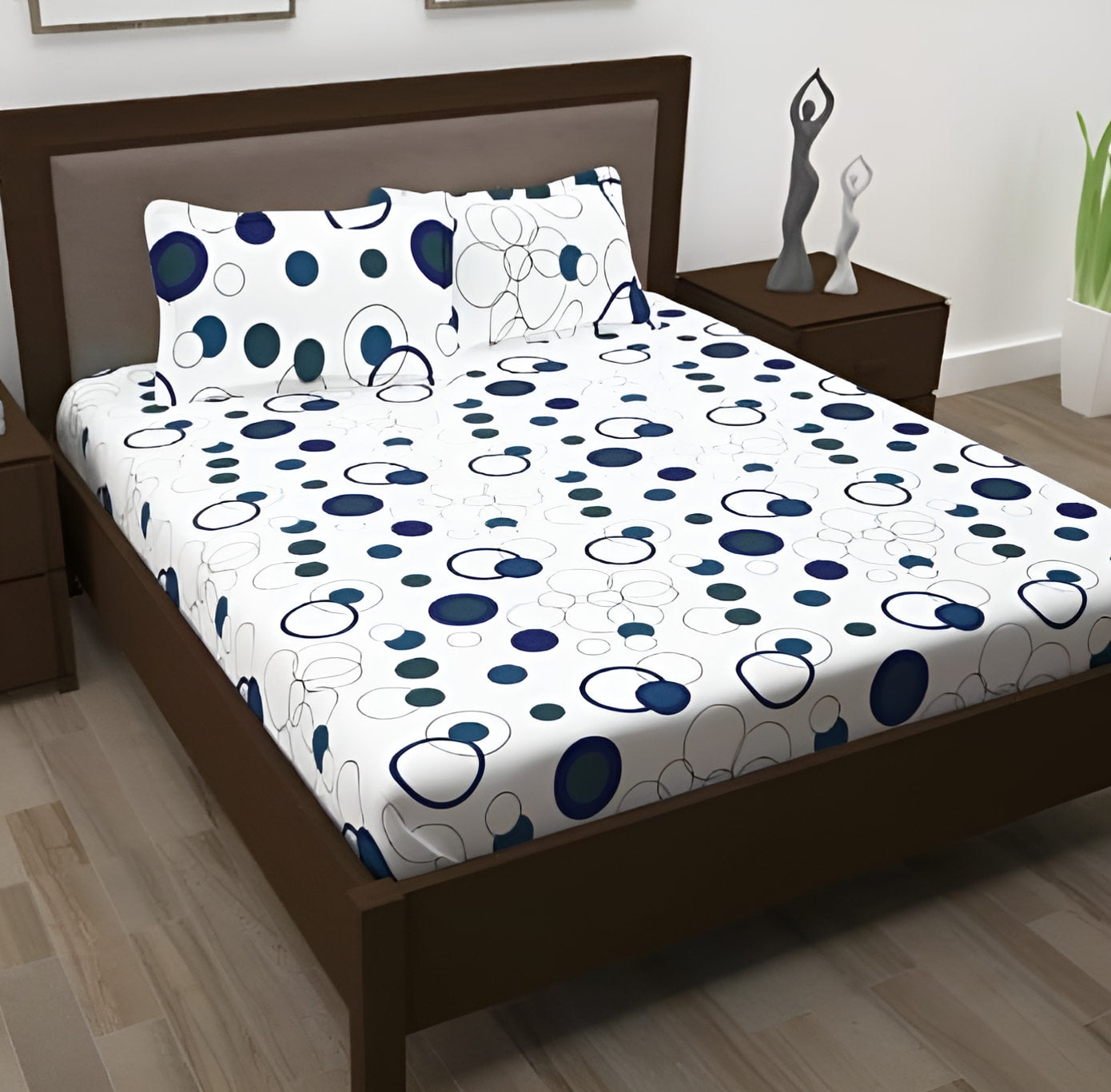 WHITE BASE Premium  Fitted Elastic Bedsheet With Two Pillow Covers (72X78X Upto 10 Inches) & 360 Degree Elasticated