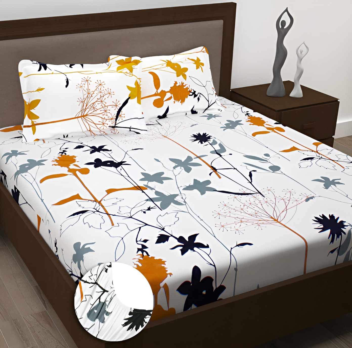 WHITE Premium  Fitted Elastic Bedsheet With Two Pillow Covers (72X78X Upto 10 Inches) & 360 Degree Elasticated