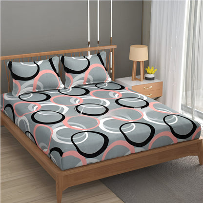 GREY ROUND 220 TC Cotton All Round Elastic Fitted Bedsheet with 2 Pillow Covers (72X78X Upto 10 Inches) & 360 Degree Elasticated